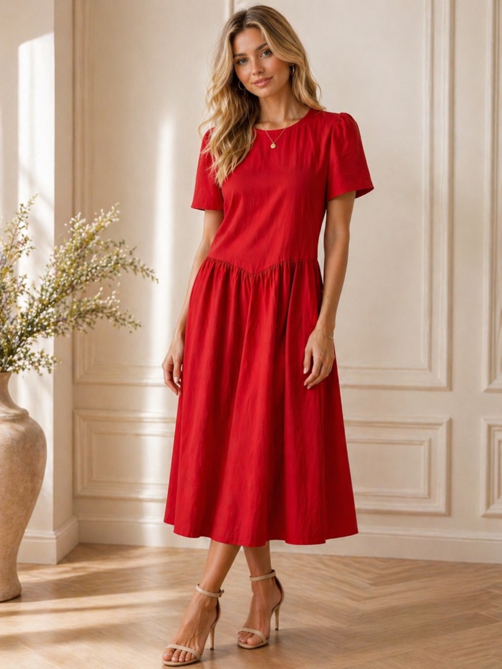 Red Midi Dress Puff Sleeve Fit & Flare – Size M